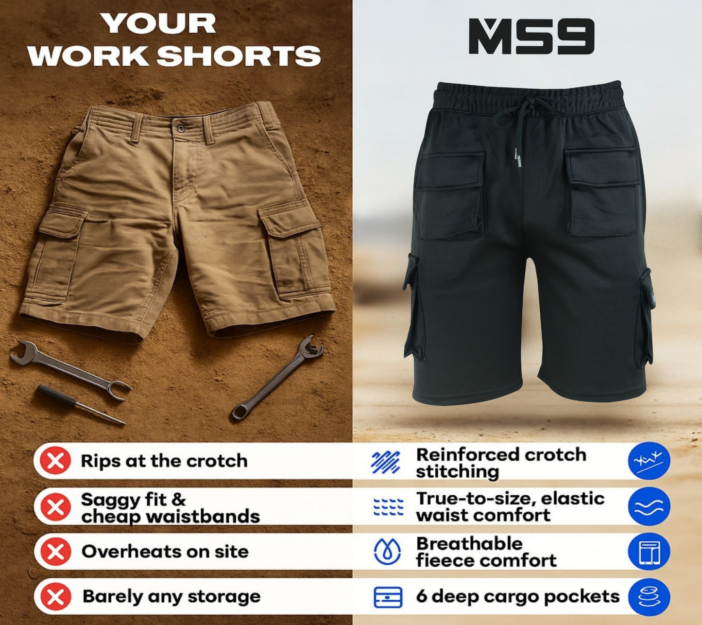 MS9™ Ultra-Stretch Pro Work Cargo Fleece Shorts